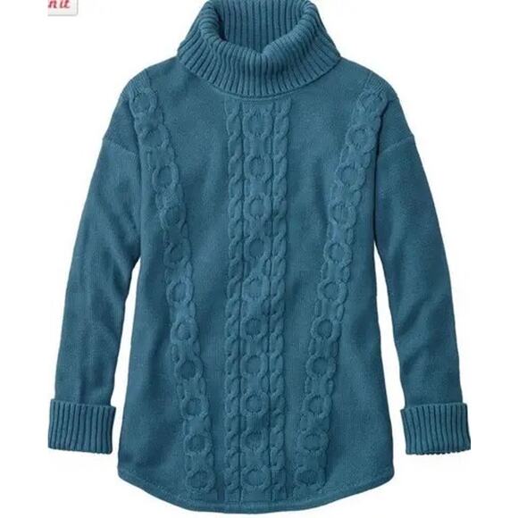 NWT L.L. Bean Double L Mixed Cable Knit Turtleneck Teal 100% Cotton Sweater - Picture 1 of 9